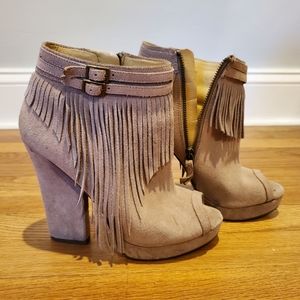 Nine West Tan Suede Open toe Fringe Bootie